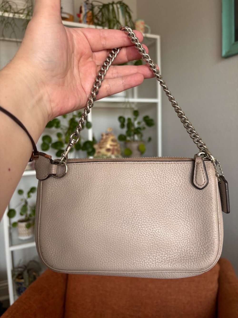 COACH Nolita Wristlet Bag Pebbled Leather Chain Clutch Neutral Nude - Picture 2 of 12